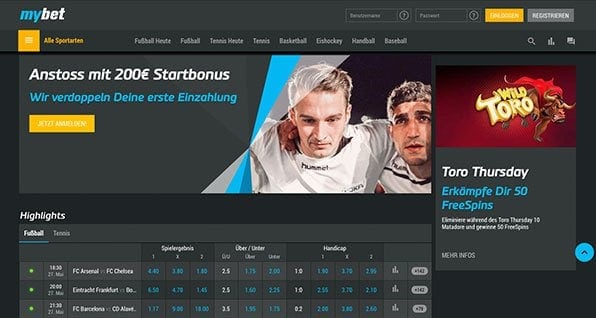 Ein großes Angebot an Wetten und Wettoptionen zeichnte den Anbieter mybet aus. Das ist die mybet Startseite.
