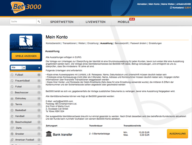 Details zur Auszahlung bei Bet3000