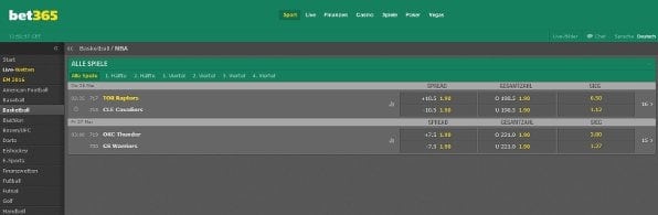 Beispielhafte NBA-Wettoptionen beim Buchmacher bet365