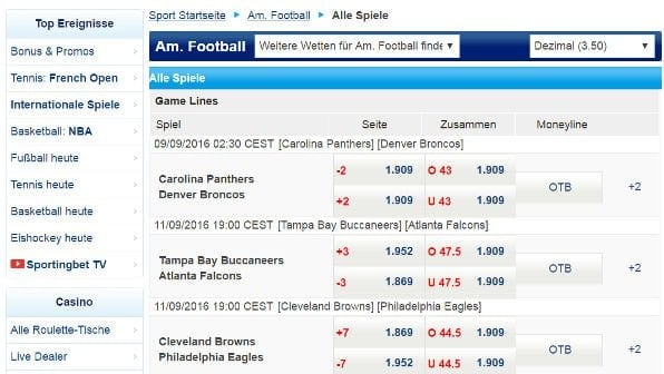 Wettoptionen auf NFL-Spiele bei Sportingbet