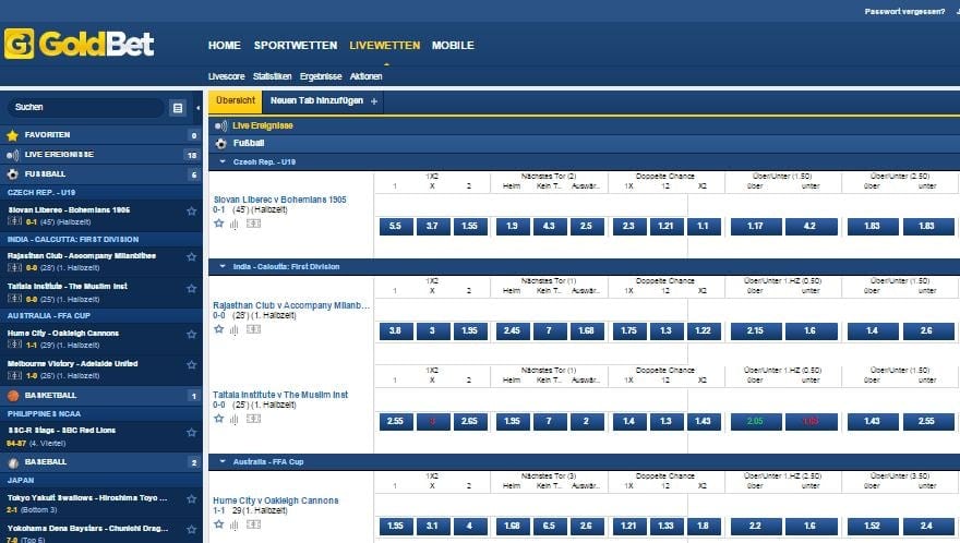 Goldbet bietet Livewetten und einen Ticker an
