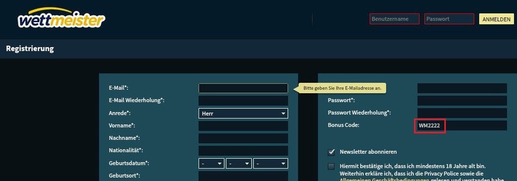 Um den Wettbonus zu erhalten muss der Bonuscode "WM2222" eingegeben werden