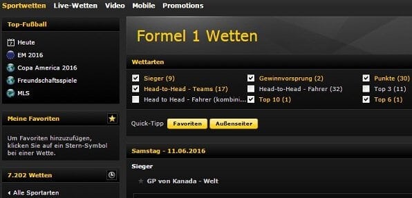 Formel 1 Wetten bei bwin