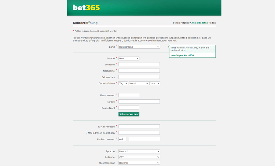 Das Kontoeröffnungsformular von Bet365