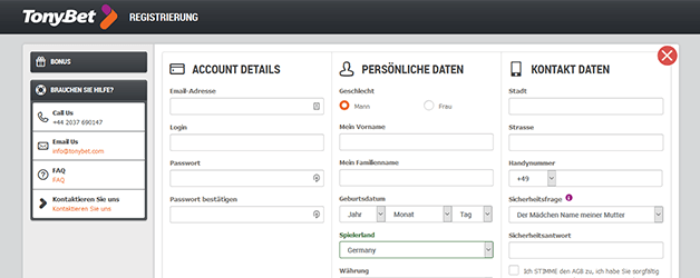TonyBet Sport Registrierung