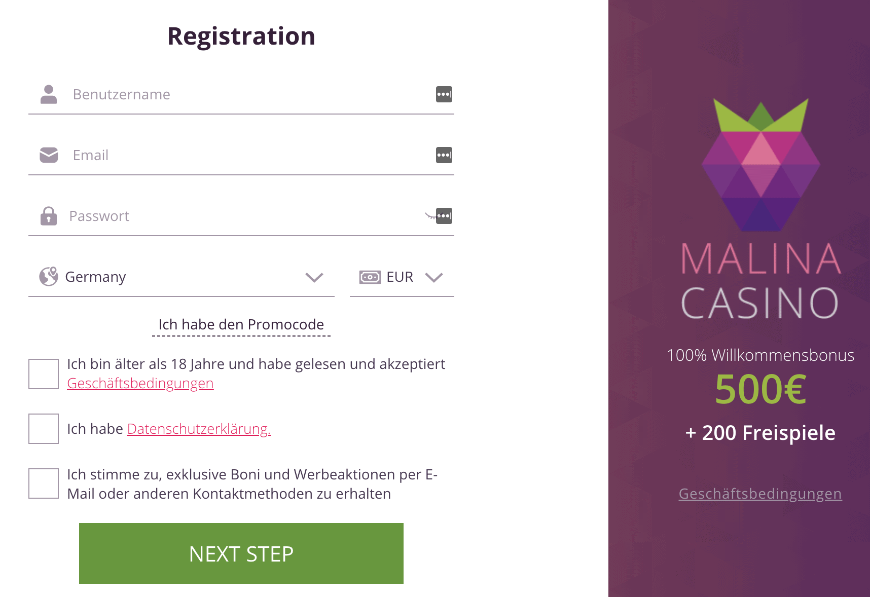 malina registrierung